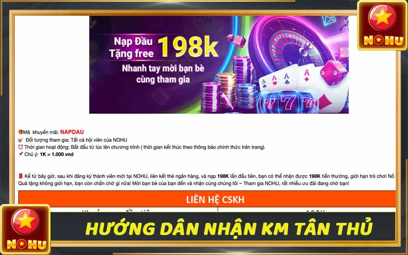 Hướng dẫn người chơi nhận 198K sau khi đăng ký Nohu90